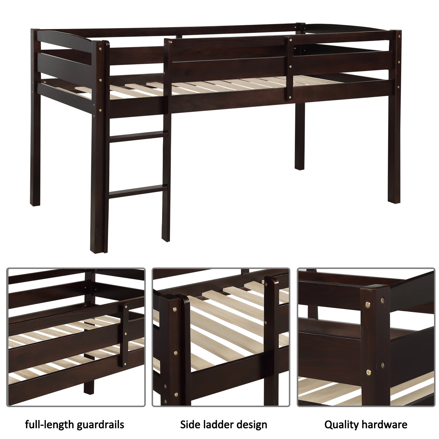 Twin Wood Loft Bed Low Loft Beds with Ladder,Twin,Espresso(OLD SKU :WF286816AAP)
