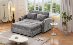 61.6" Pull Out Sofa Bed Modern Chenille Convertible Loveseat Sofa with Adjsutable Backrest, 2 Pillows, Cup Holders, USB Ports for Living Room, Apartment , Gray