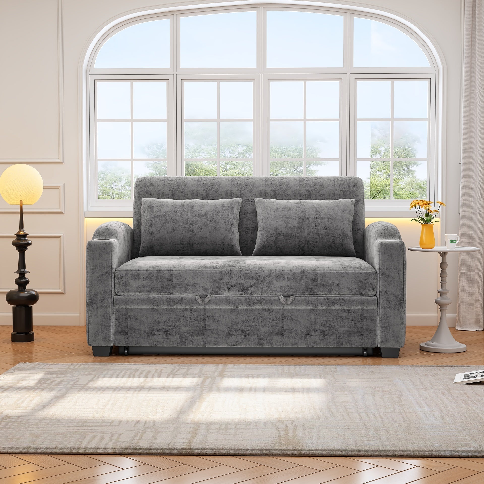 61.6" Pull Out Sofa Bed Modern Chenille Convertible Loveseat Sofa with Adjsutable Backrest, 2 Pillows, Cup Holders, USB Ports for Living Room, Apartment , Gray