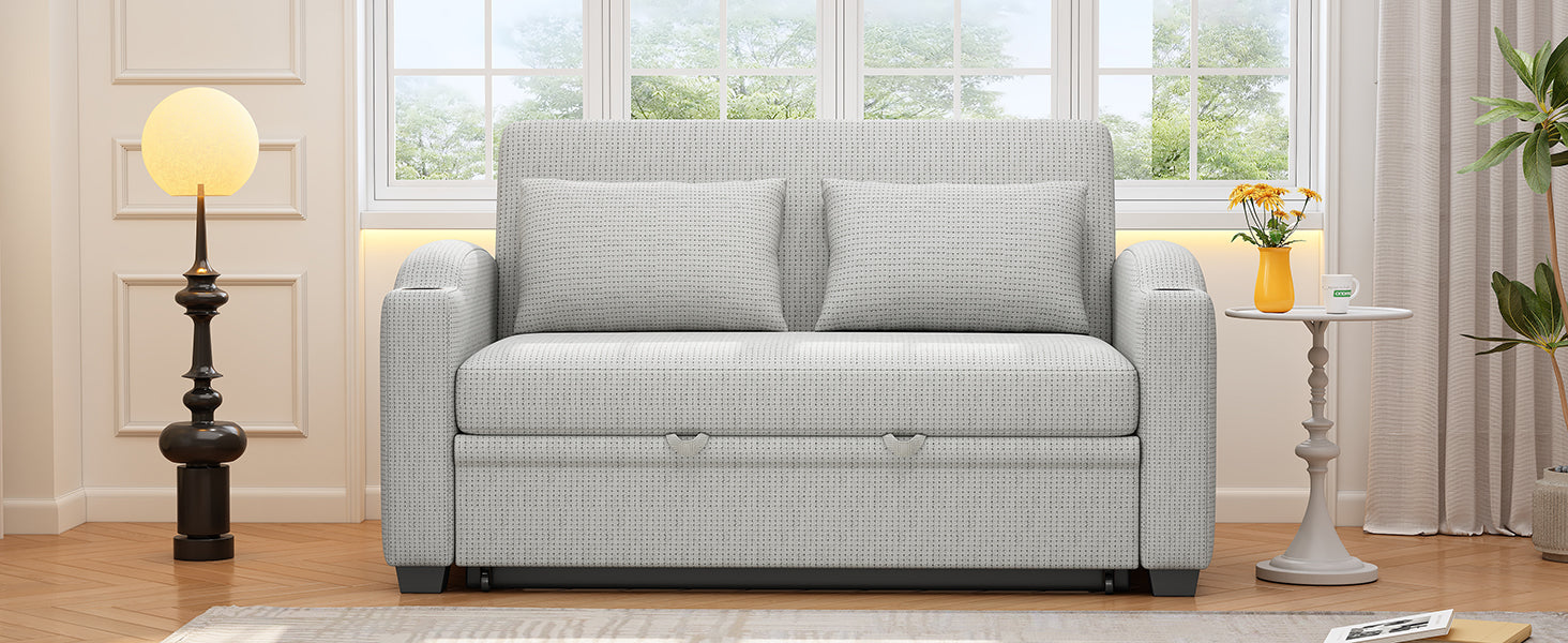 61.6" Pull Out Sofa Bed Modern Chenille Convertible Loveseat Sofa with Adjsutable Backrest, 2 Pillows, Cup Holders, USB Ports for Living Room, Apartment, White Gray