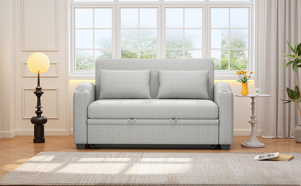 61.6" Pull Out Sofa Bed Modern Chenille Convertible Loveseat Sofa with Adjsutable Backrest, 2 Pillows, Cup Holders, USB Ports for Living Room, Apartment, White Gray