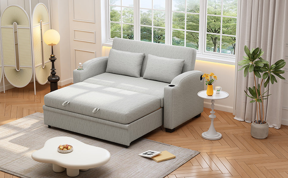 61.6" Pull Out Sofa Bed Modern Chenille Convertible Loveseat Sofa with Adjsutable Backrest, 2 Pillows, Cup Holders, USB Ports for Living Room, Apartment, White Gray