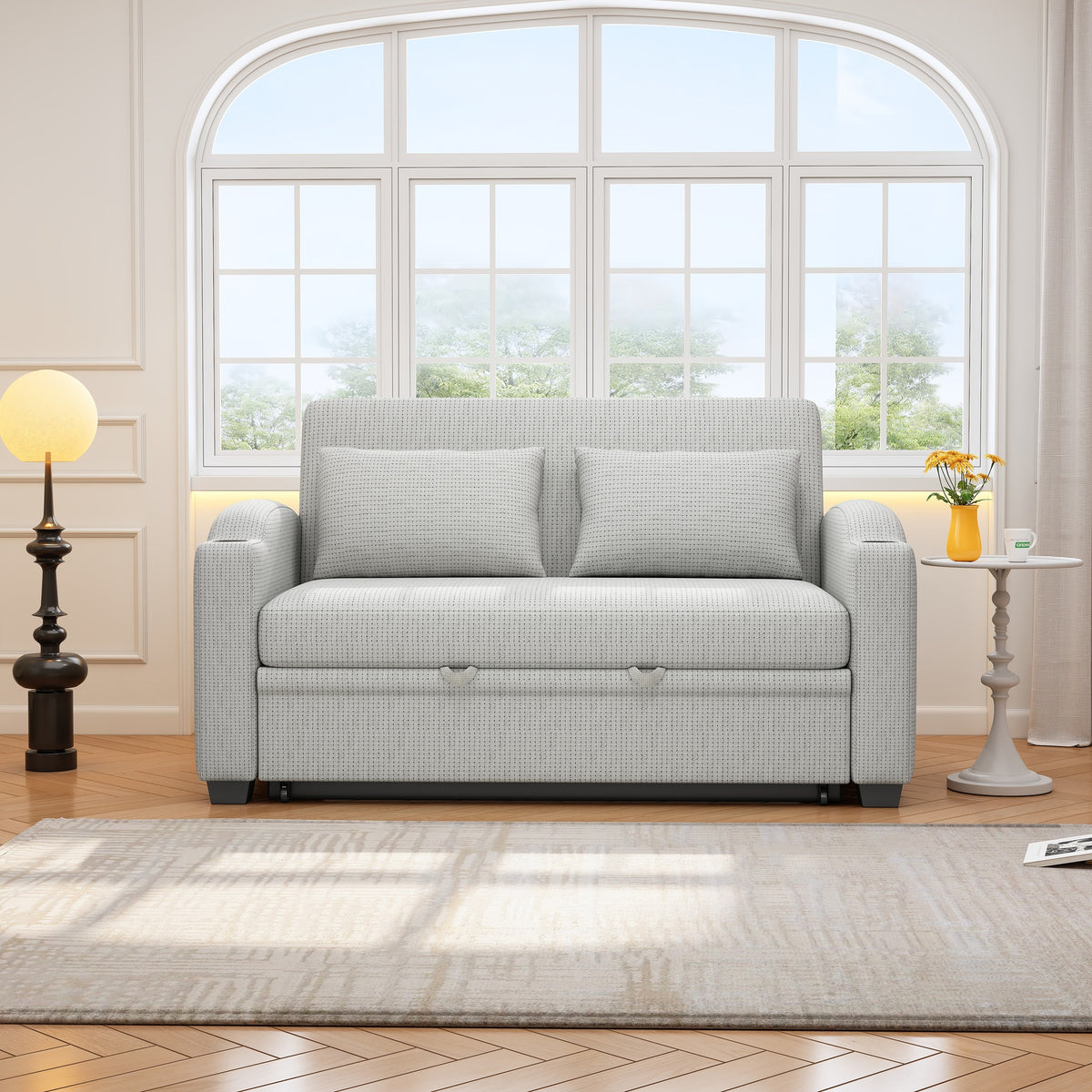 61.6" Pull Out Sofa Bed Modern Chenille Convertible Loveseat Sofa with Adjsutable Backrest, 2 Pillows, Cup Holders, USB Ports for Living Room, Apartment, White Gray