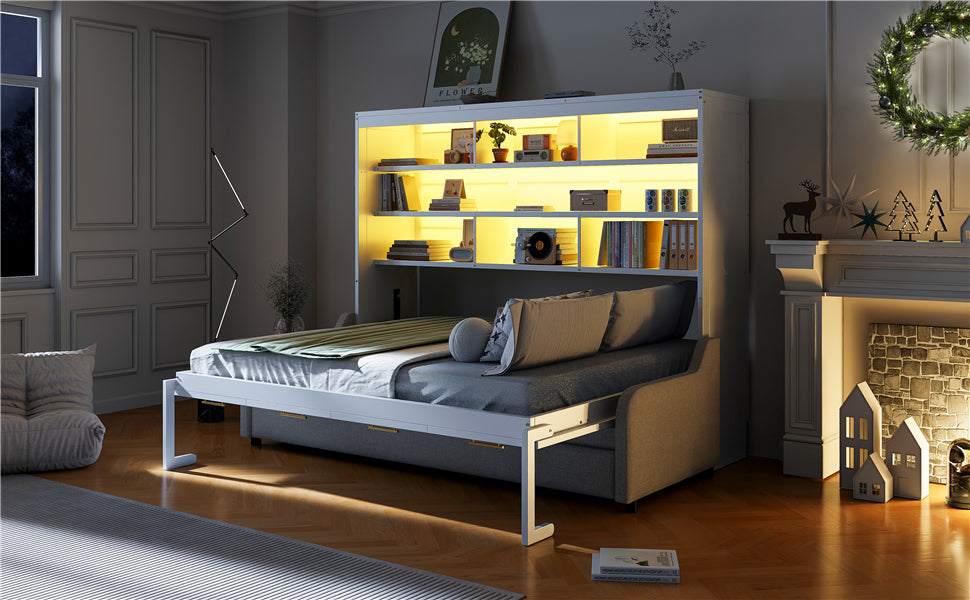 Full Size Murphy Cabinet Bed with Folding Sofa,Built-in Storage Shelves and LED Light,Beige