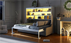 Full Size Murphy Cabinet Bed with Folding Sofa,Built-in Storage Shelves and LED Light,Beige