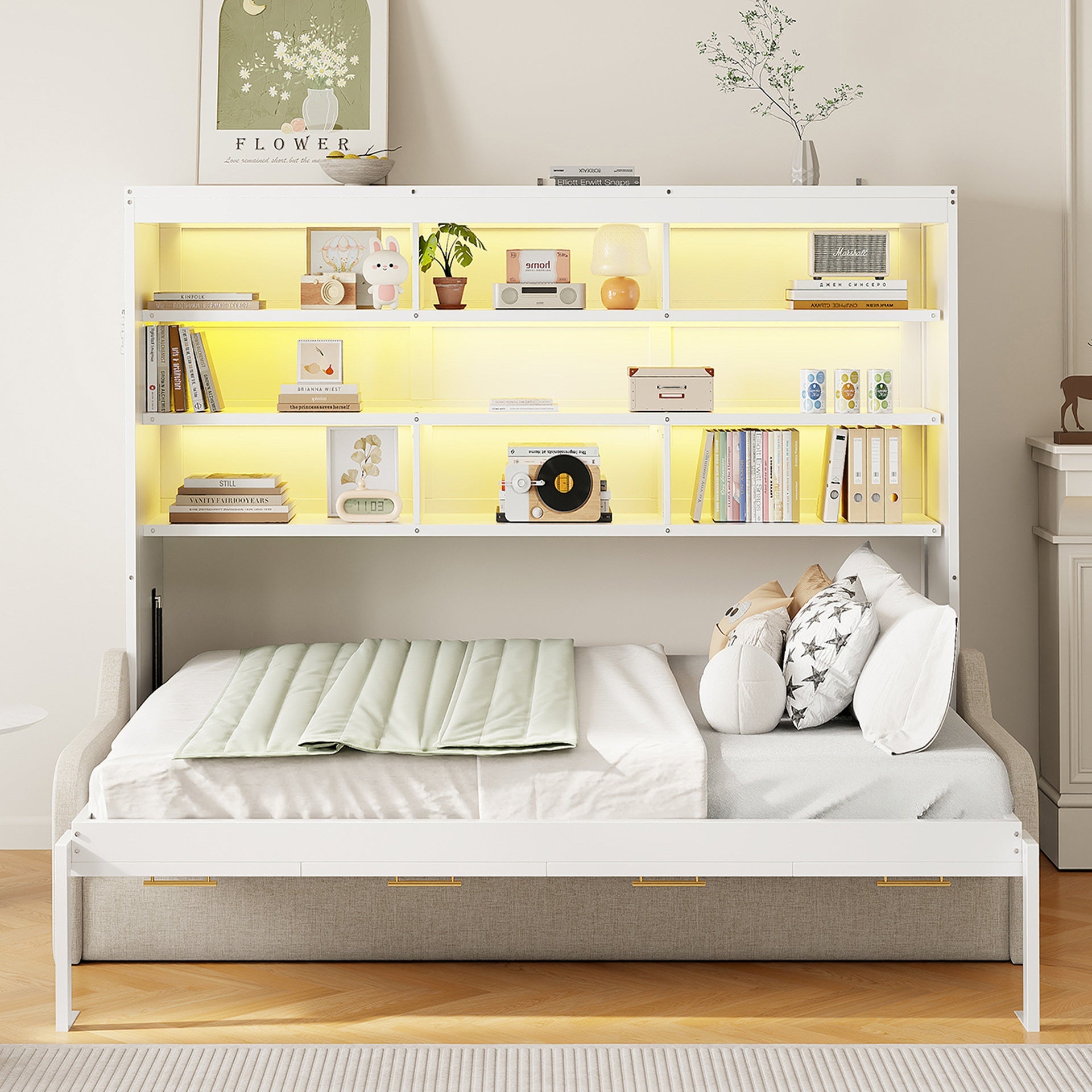 Full Size Murphy Cabinet Bed with Folding Sofa,Built-in Storage Shelves and LED Light,Beige