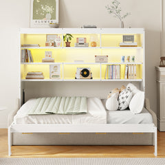 Full Size Murphy Cabinet Bed with Folding Sofa,Built-in Storage Shelves and LED Light,Beige
