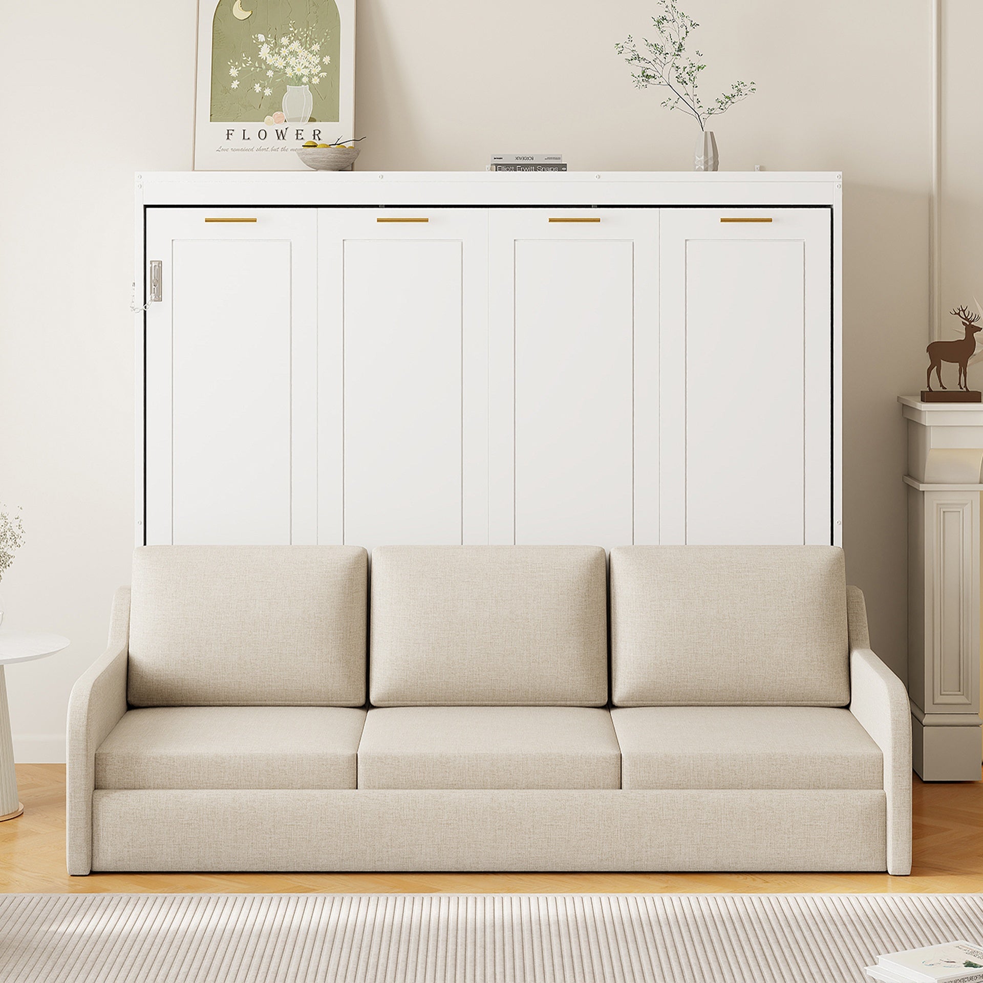Full Size Murphy Cabinet Bed with Folding Sofa,Built-in Storage Shelves and LED Light,Beige