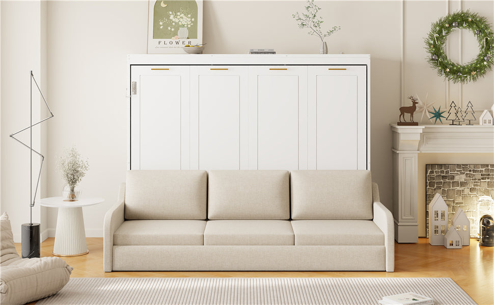Full Size Murphy Cabinet Bed with Folding Sofa,Built-in Storage Shelves and LED Light,Beige