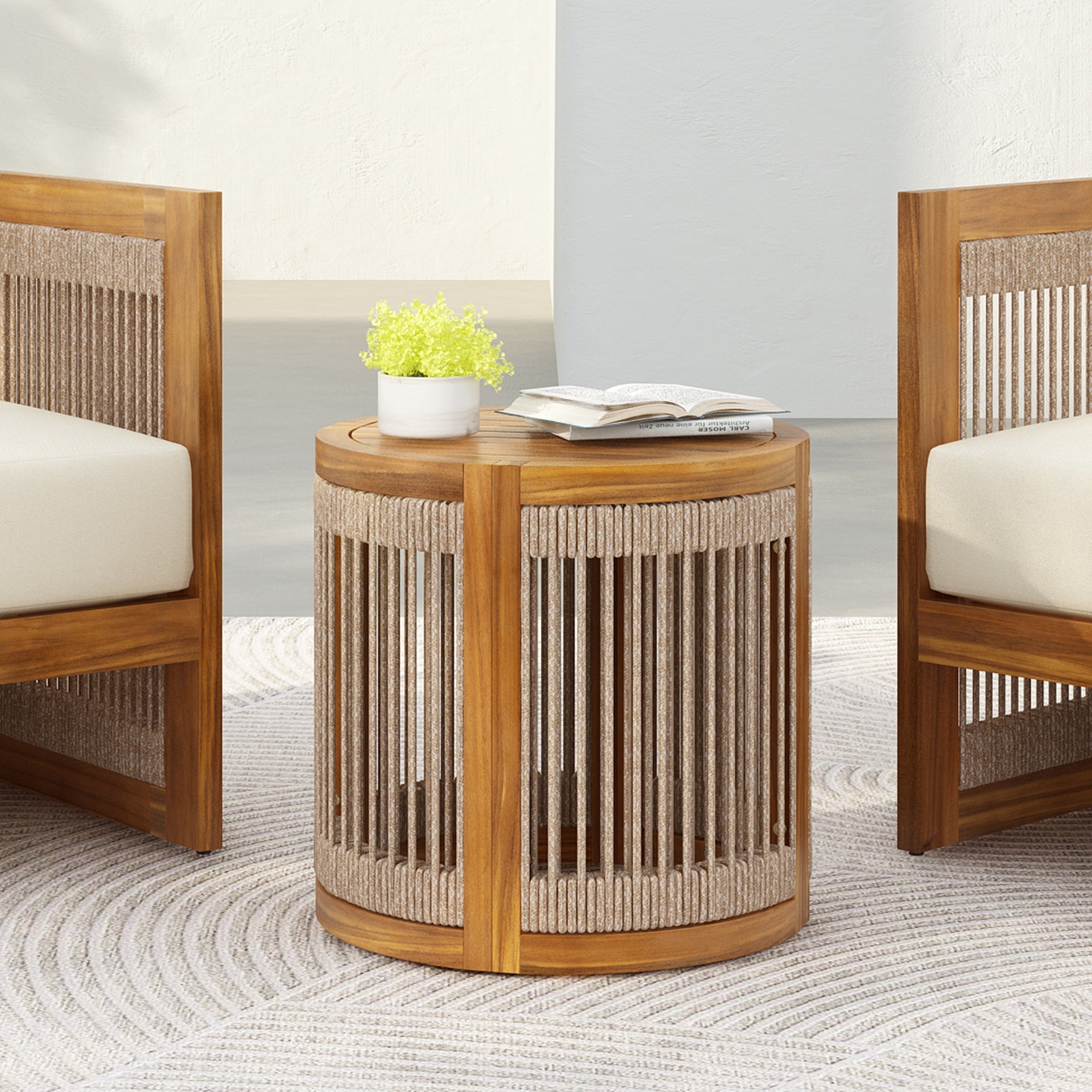 16.9" Acacia Wood Outdoor Side Table - Handwoven Rope Accent Boho Patio Table with All-Weather Durability