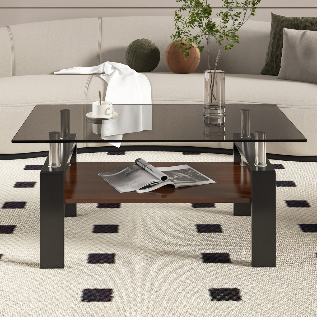 Rectangle Coffee Table, Tempered Glass Tabletop with MDF Layer, Modern Table for Living Room , Gray Glass
