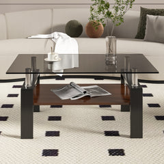 Rectangle Coffee Table, Tempered Glass Tabletop with MDF Layer, Modern Table for Living Room , Gray Glass