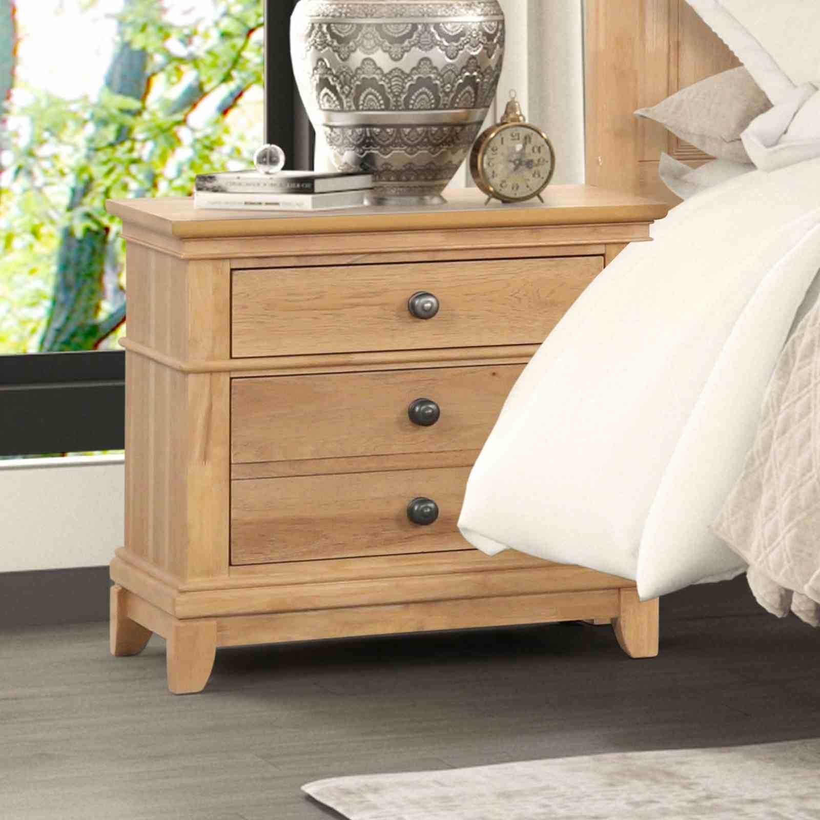 Farmhouse Style Natural Oak Color 1pc Nightstand Solid wood Pecan Veneer 3-Drawers Storage Bedside Table Bedroom Furniture