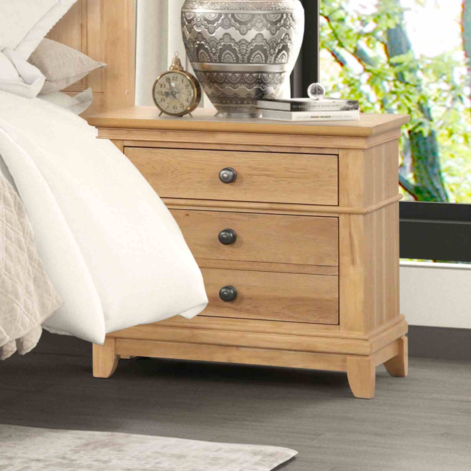Farmhouse Style Natural Oak Color 1pc Nightstand Solid wood Pecan Veneer 3-Drawers Storage Bedside Table Bedroom Furniture