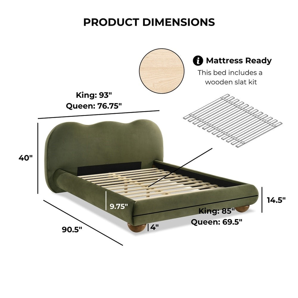Olive Green Color 1pc Eastern King Size Bed Boucle Upholstered Round Bun Wood Feet Bedroom Furniture