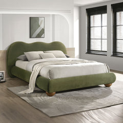 Olive Green Color 1pc Eastern King Size Bed Boucle Upholstered Round Bun Wood Feet Bedroom Furniture