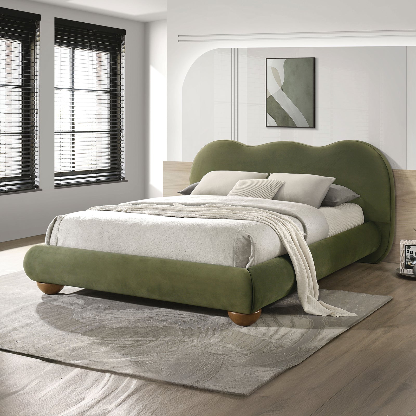 Olive Green Color 1pc Eastern King Size Bed Boucle Upholstered Round Bun Wood Feet Bedroom Furniture