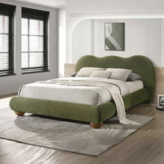 Olive Green Color 1pc Eastern King Size Bed Boucle Upholstered Round Bun Wood Feet Bedroom Furniture