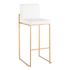 Fuji Contemporary High Back Barstool in Gold Steel and White Faux Leather by LumiSource - Set of 2