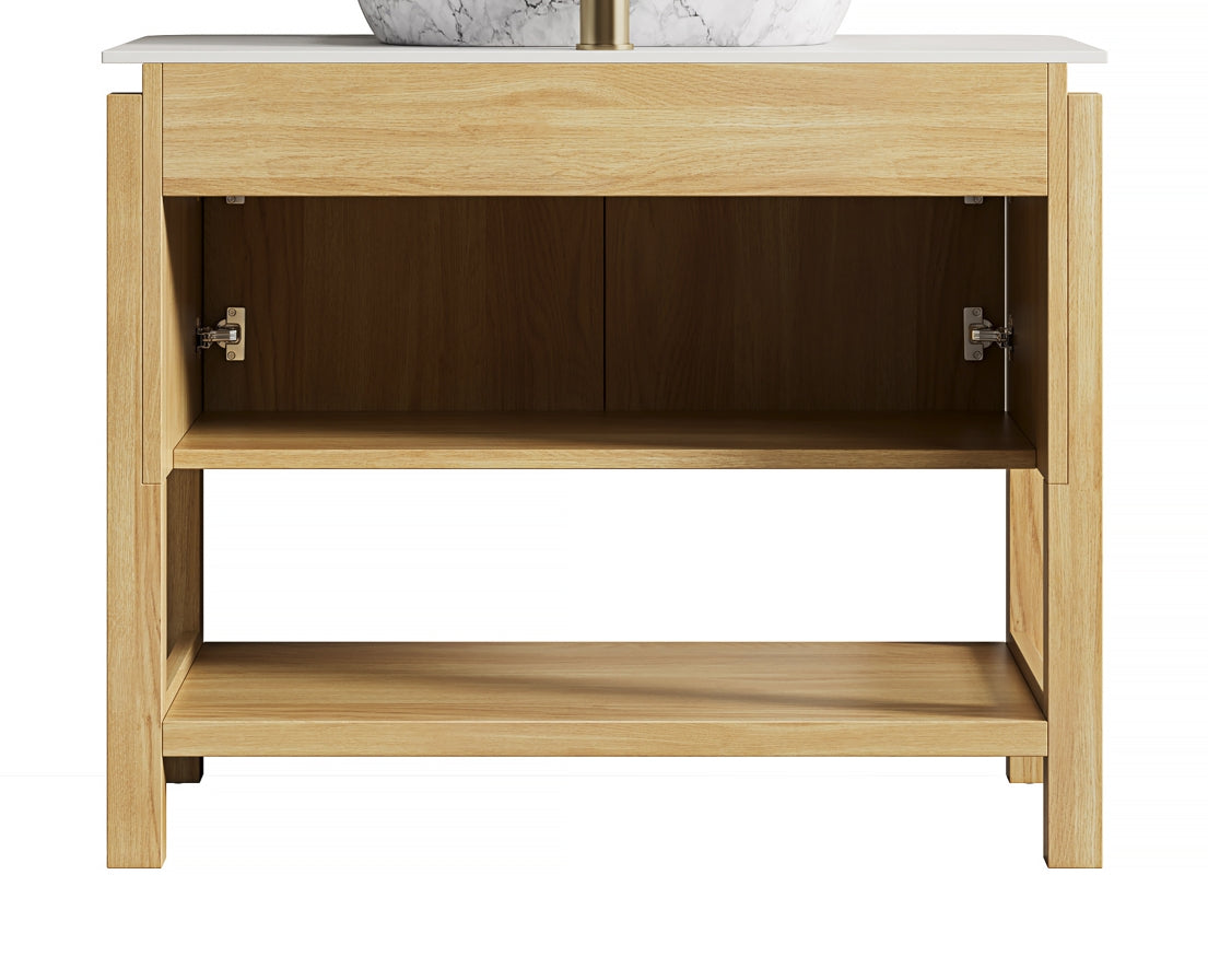 SHARMA 36'' Freestanding Cabinet with 2 Doors&Open Shelf, Carrara White Sintered Stone Top, NO Basin, NO Faucet and Drain, Brown Oak Woodgrain Color