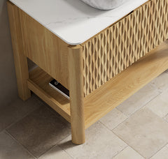 SHARMA 36'' Freestanding Cabinet with 2 Doors&Open Shelf, Carrara White Sintered Stone Top, NO Basin, NO Faucet and Drain, Brown Oak Woodgrain Color