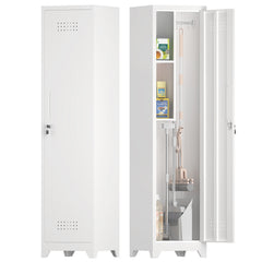 Metal Broom Storage Cabinet, 65" Narrow Broom Cabinet With Hooks, Slim Bathroom Storage Cabinet With Shelves, Heavy-Duty Cleaning Storage Cabinet For Utility Room, Gym, Office, Garage, Utility Shelves