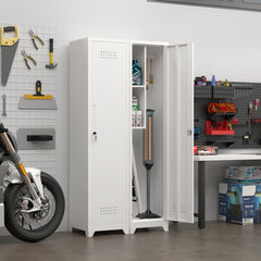Metal Broom Storage Cabinet, 65" Narrow Broom Cabinet With Hooks, Slim Bathroom Storage Cabinet With Shelves, Heavy-Duty Cleaning Storage Cabinet For Utility Room, Gym, Office, Garage, Utility Shelves
