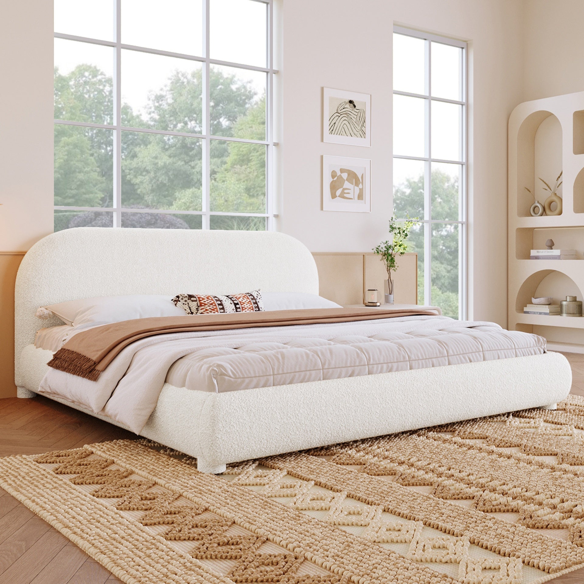 Cream Style Fabric Upholstered Bed, Simple Modern Bedroom Double Bed,Queen