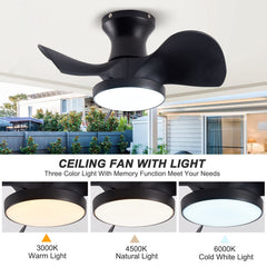 ABS Ceiling Fan with 3 Color Temperatures Light and Remote Control DC Motor Powerful and low noise Small Space ceiling fan for Kitchen Bedroom Dining room Toilet Patio.( Matte Black)