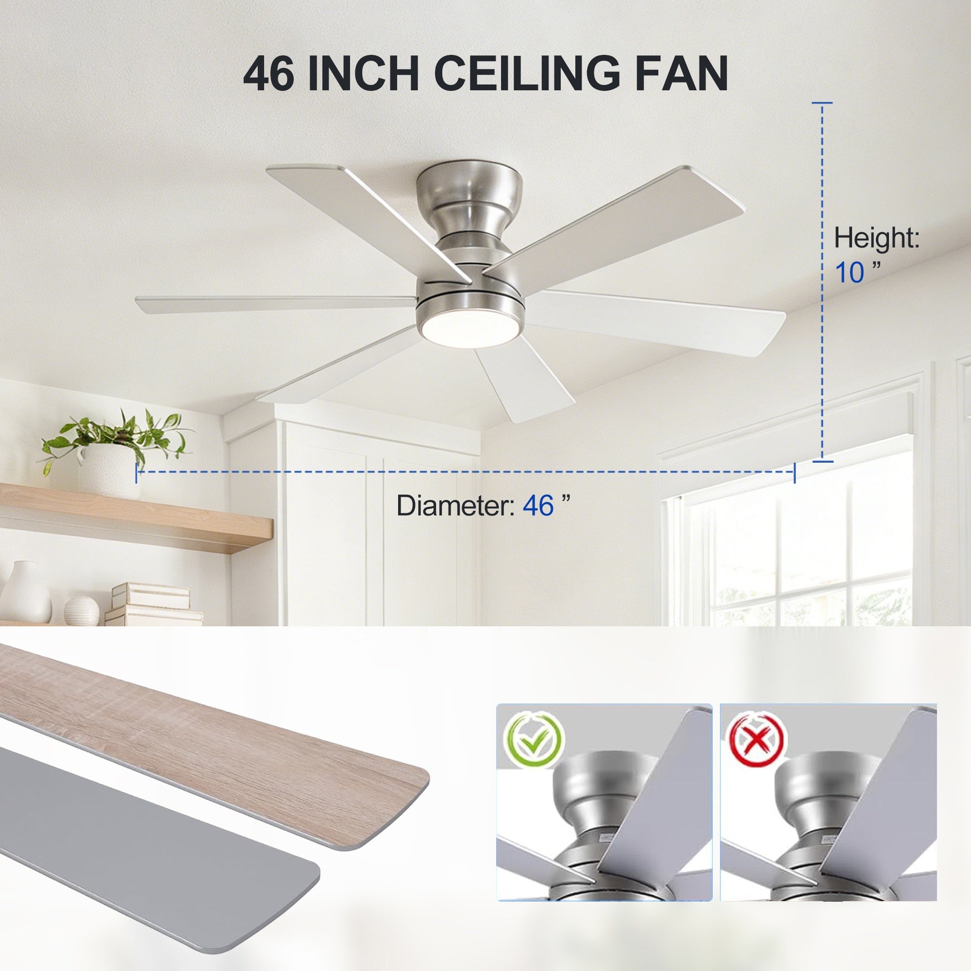 46" Flush Mount Ceiling Fan with Lights Remote Control,Quiet DC Motor 6 Plywood Blade Ceiling Fans 6 Speed Levels,Reversible Ceiling Fan,for Patio Living Room, Bedroom,Office,Indoor.( SLIVER)