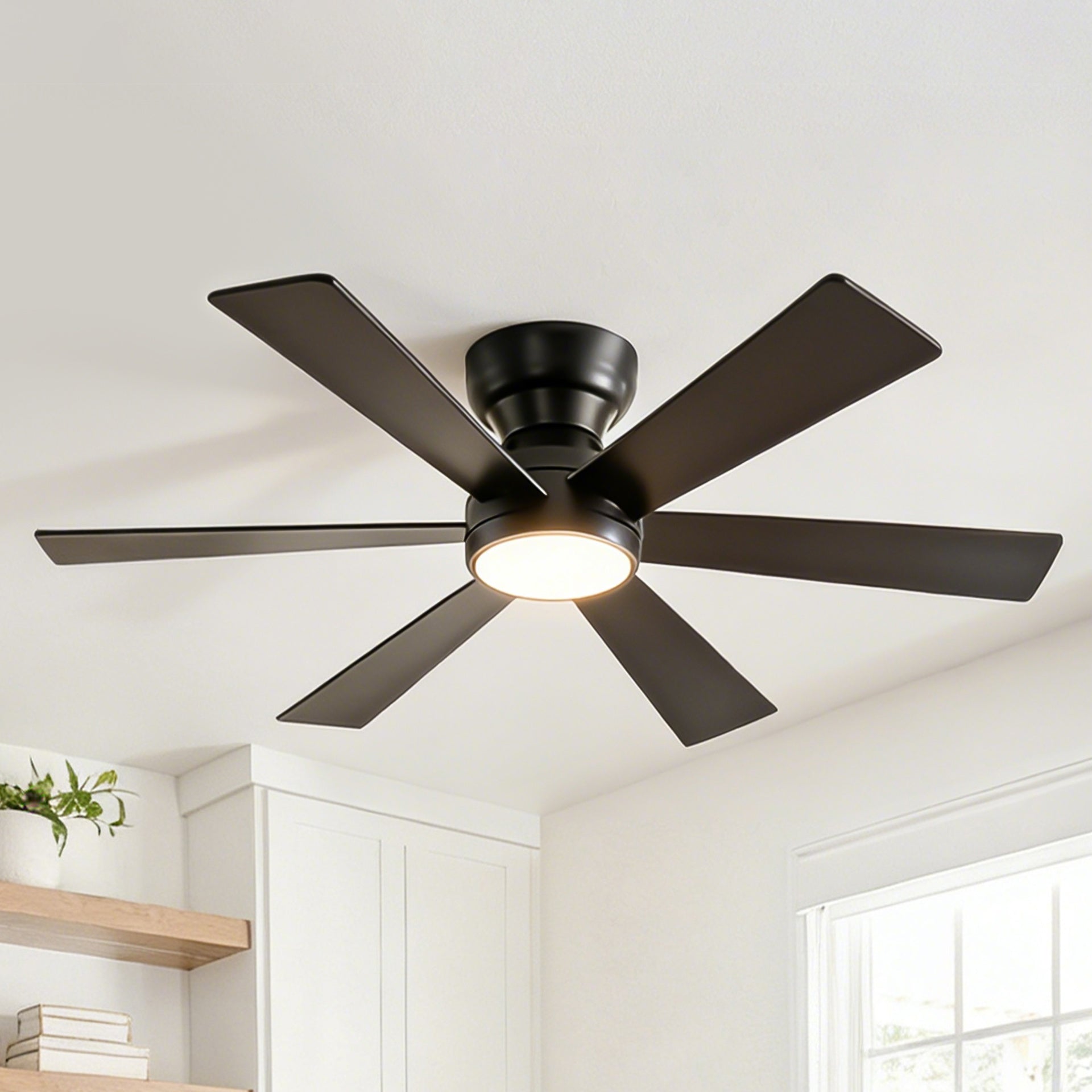 46" Flush Mount Ceiling Fan with Lights Remote Control,Quiet DC Motor 6 Plywood Blade Ceiling Fans 6 Speed Levels,Reversible Ceiling Fan, for Patio Living Room, Bedroom, Office,Indoor.((Matte Black  )