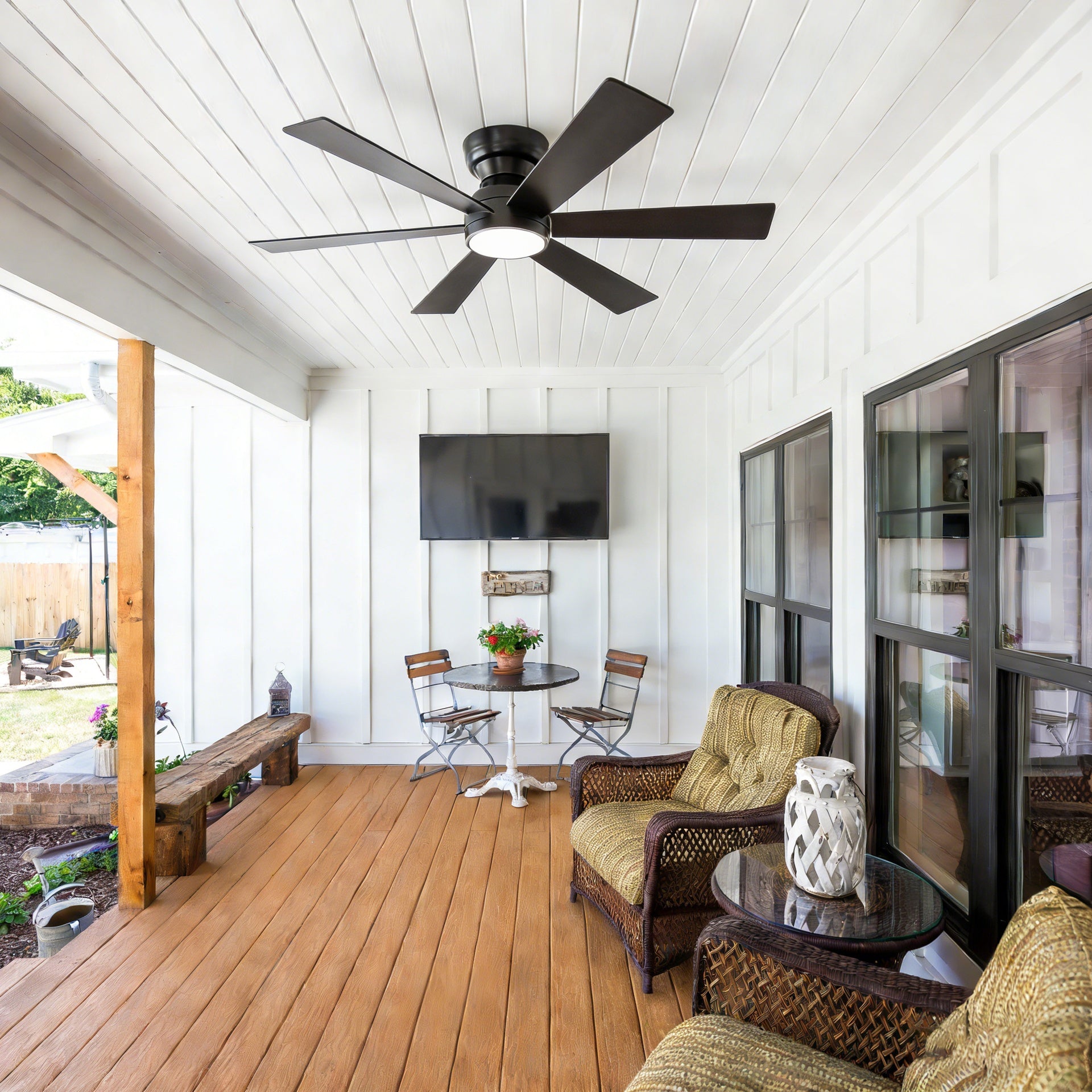 46" Flush Mount Ceiling Fan with Lights Remote Control,Quiet DC Motor 6 Plywood Blade Ceiling Fans 6 Speed Levels,Reversible Ceiling Fan, for Patio Living Room, Bedroom, Office,Indoor.((Matte Black  )