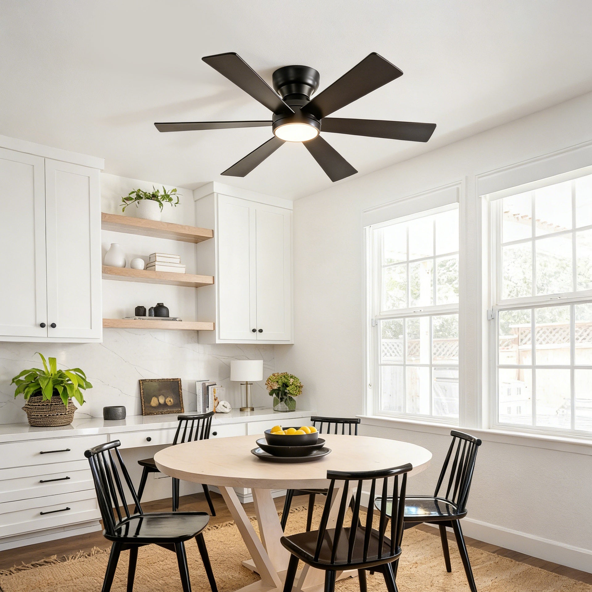 46" Flush Mount Ceiling Fan with Lights Remote Control,Quiet DC Motor 6 Plywood Blade Ceiling Fans 6 Speed Levels,Reversible Ceiling Fan, for Patio Living Room, Bedroom, Office,Indoor.((Matte Black  )