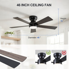 46 Inch 5 PCS Plywood Blades  Ceiling Fan With Light Kit 3 Color LED Light Source, DC 6 Speed ,Remote Control Ceiling Fan  for Patio Living Room, Bedroom, Office,Indoor.(( Matte Black  )