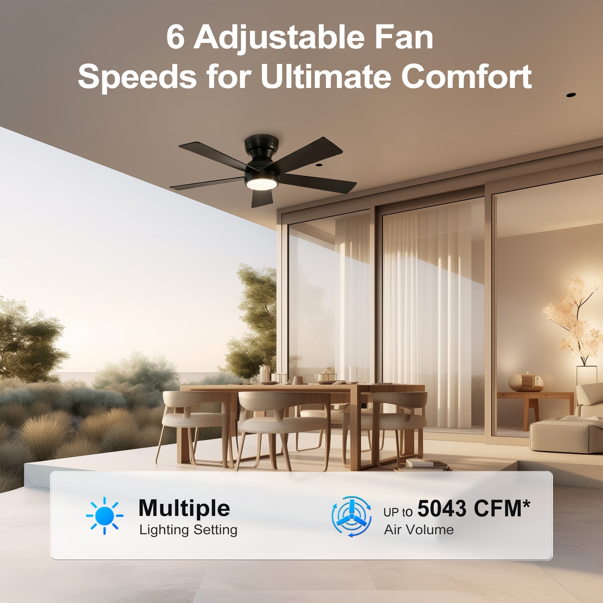 46 Inch 5 PCS Plywood Blades  Ceiling Fan With Light Kit 3 Color LED Light Source, DC 6 Speed ,Remote Control Ceiling Fan  for Patio Living Room, Bedroom, Office,Indoor.(( Matte Black  )