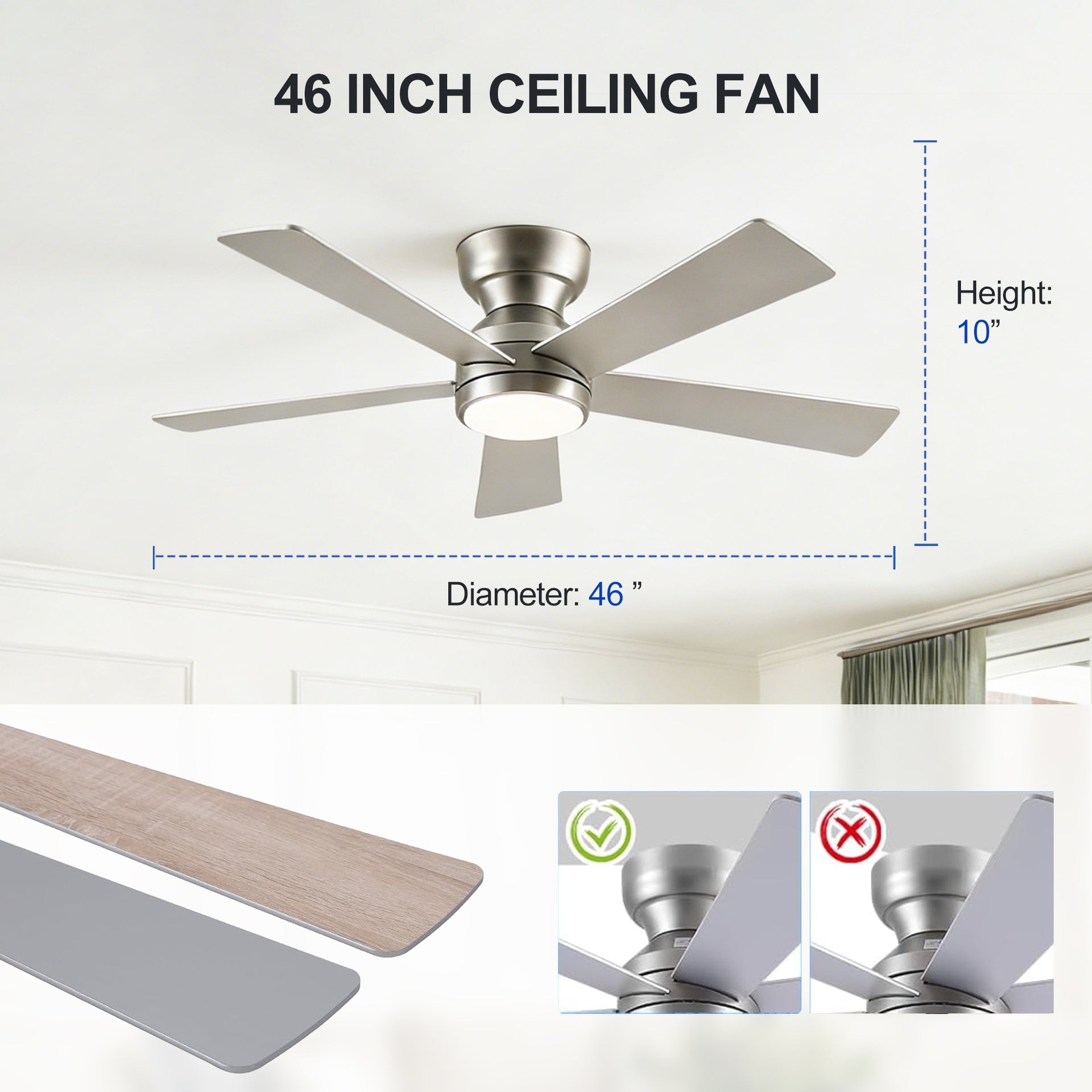 46 Inch 5 PCS Plywood Blades  Ceiling Fan With Light Kit 3 Color LED Light Source, DC 6 Speed ,Remote Control Ceiling Fan  for Patio Living Room, Bedroom, Office,Indoor.((SLIVER )
