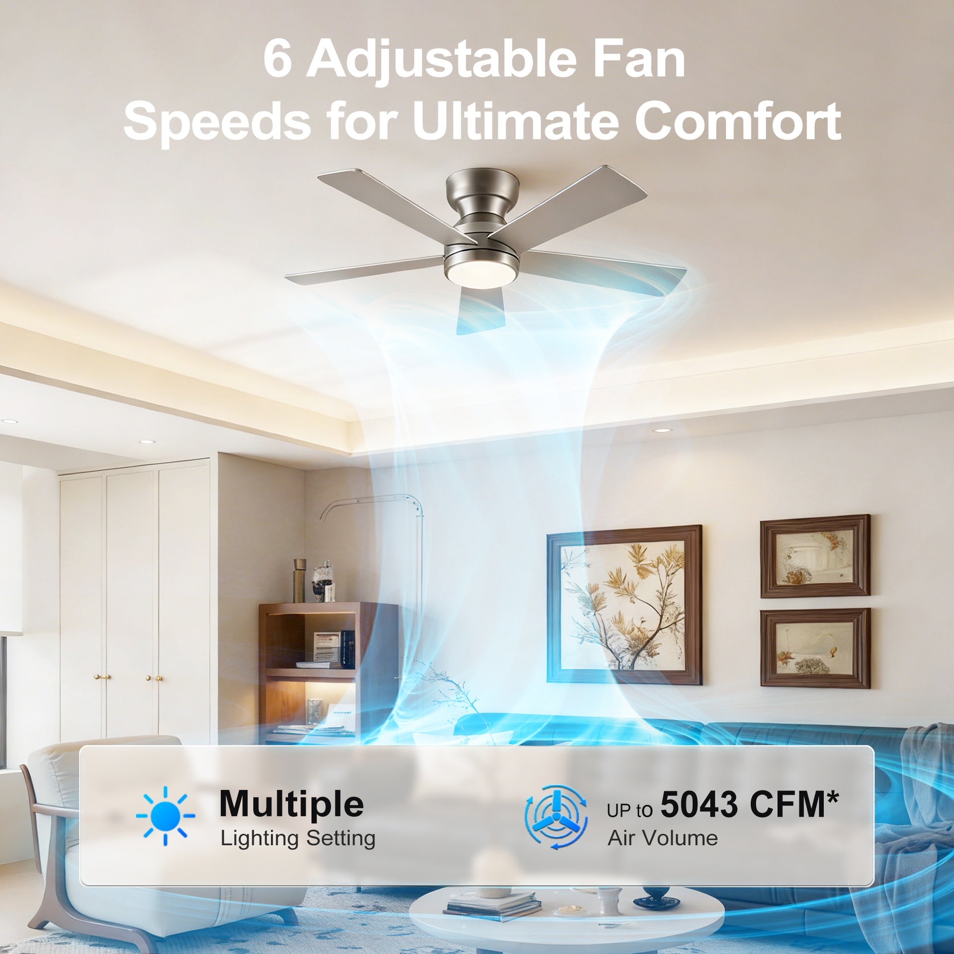 46 Inch 5 PCS Plywood Blades  Ceiling Fan With Light Kit 3 Color LED Light Source, DC 6 Speed ,Remote Control Ceiling Fan  for Patio Living Room, Bedroom, Office,Indoor.((SLIVER )