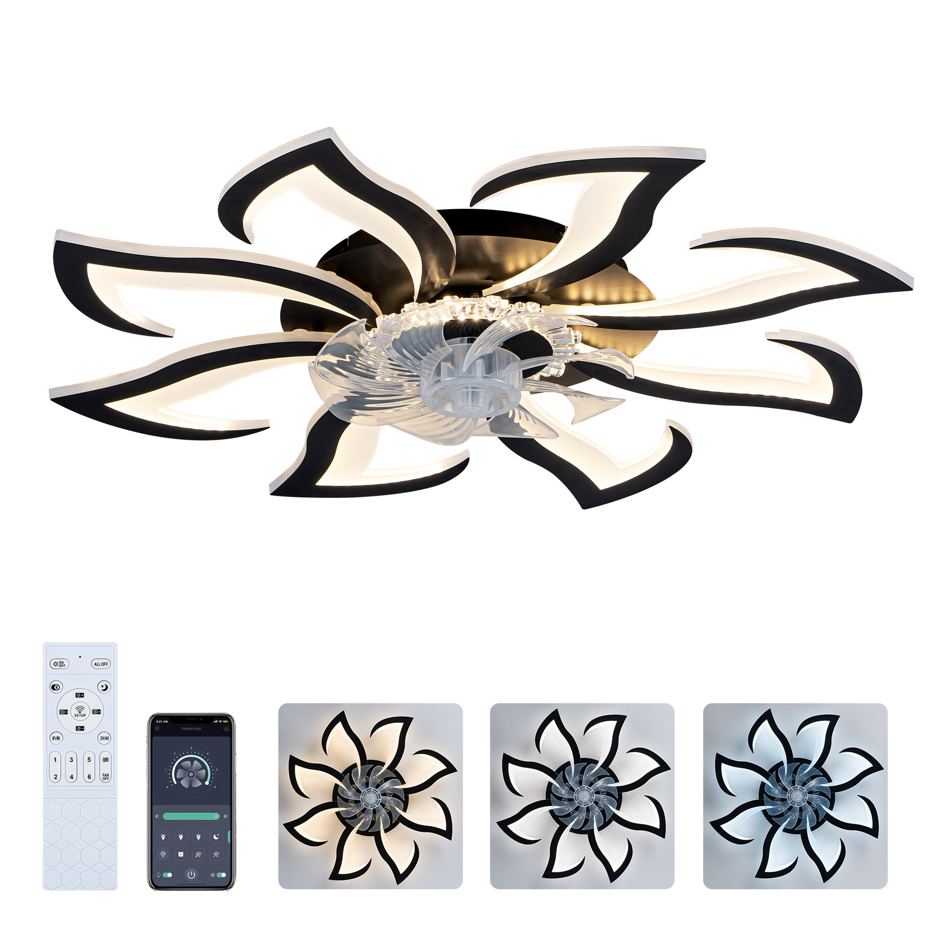 8 PCS Blades Modern Ceiling Fan with Lights Remote Control, 32" Black Ceiling Fan with Light, 6 Speeds 3 Light Color Low Profile Flush Mount Ceiling Fan for Kitchen Bedroom