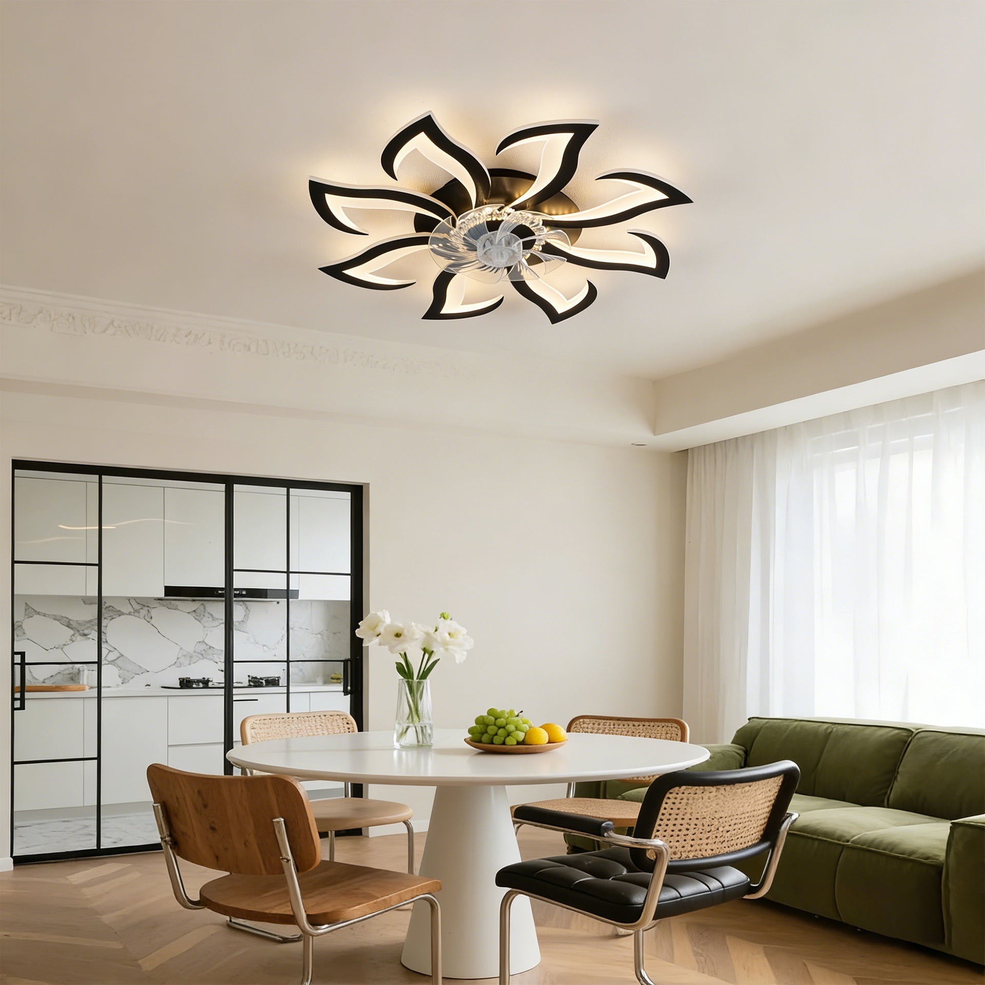 8 PCS Blades Modern Ceiling Fan with Lights Remote Control, 32" Black Ceiling Fan with Light, 6 Speeds 3 Light Color Low Profile Flush Mount Ceiling Fan for Kitchen Bedroom