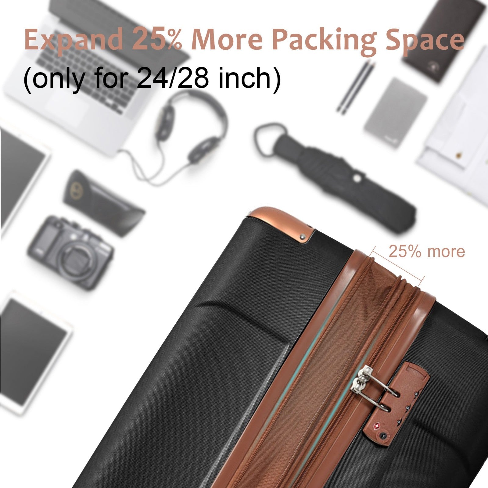 Luggage Sets 3 Piece, Expandable Hard shell ABS Suitcases with Double Spinner, Travel luggage Set with TSA Lock (20/24/28inch, Black Brown)