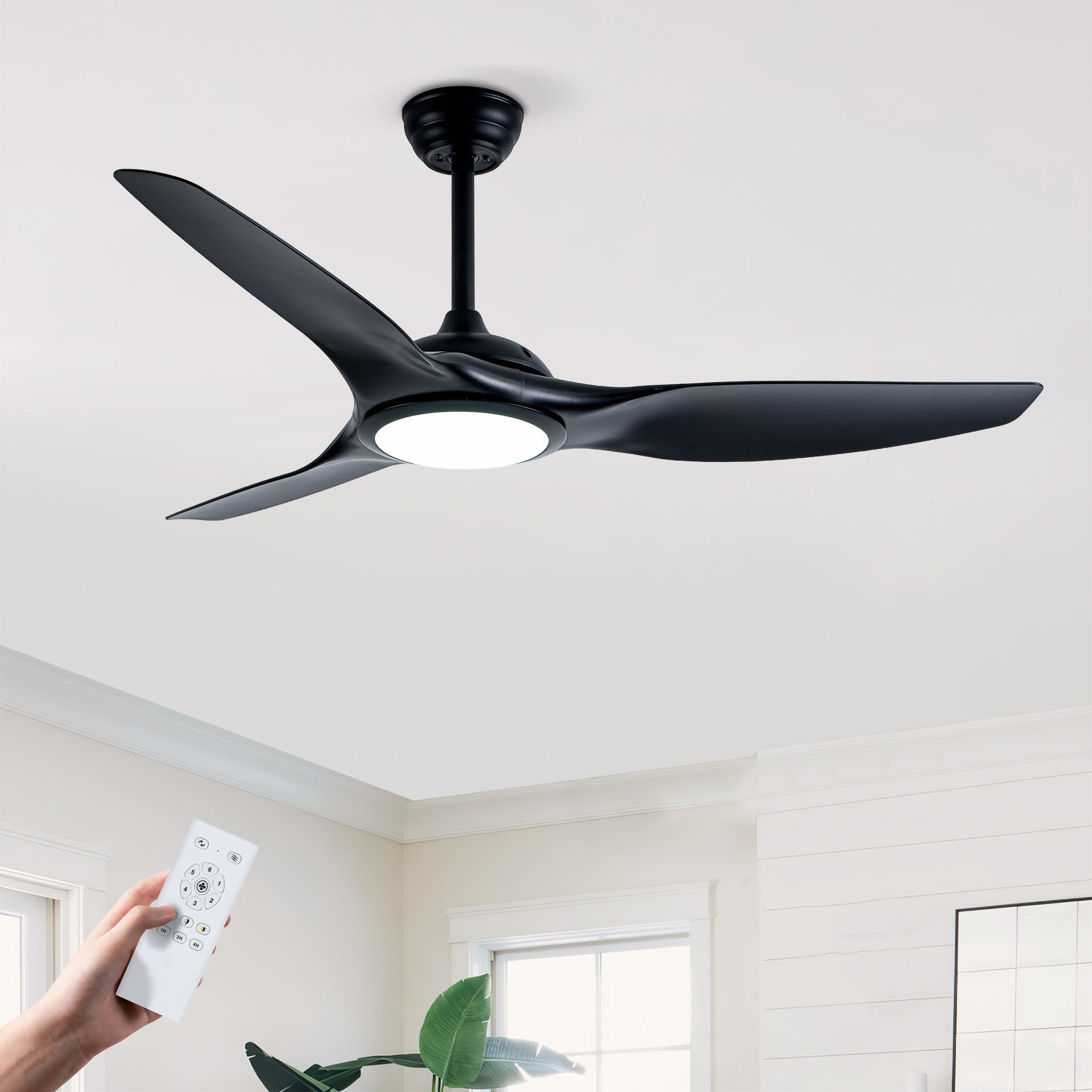 52 Inch  ABS Blades  Ceiling Fan With Light Kit ( LED Light Source),DC 6 Speed ,Remote Control,Adjustable Height Ceiling Fan for Patio Living Room, Bedroom, Office,Indoor.(( Matte Black)