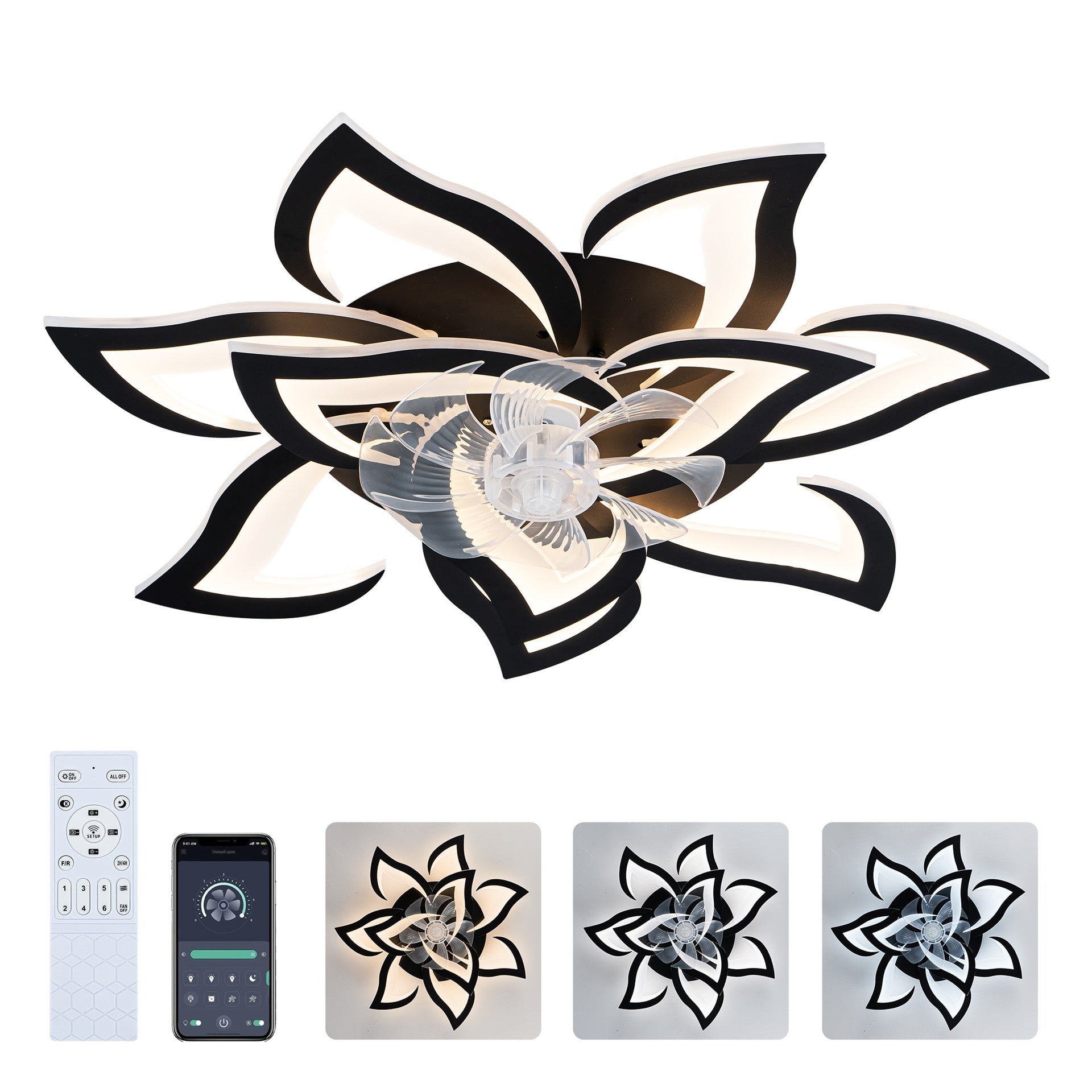 Modern Ceiling Fan with Lights Remote Control, 10 PCS Blades ,32" Black Ceiling Fan with Light, 6 Speeds 3 Light Color Low Profile Flush Mount Ceiling Fan for Kitchen Bedroom