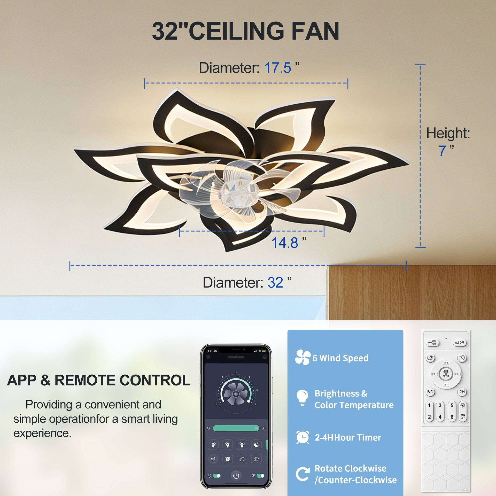 Modern Ceiling Fan with Lights Remote Control, 10 PCS Blades ,32" Black Ceiling Fan with Light, 6 Speeds 3 Light Color Low Profile Flush Mount Ceiling Fan for Kitchen Bedroom