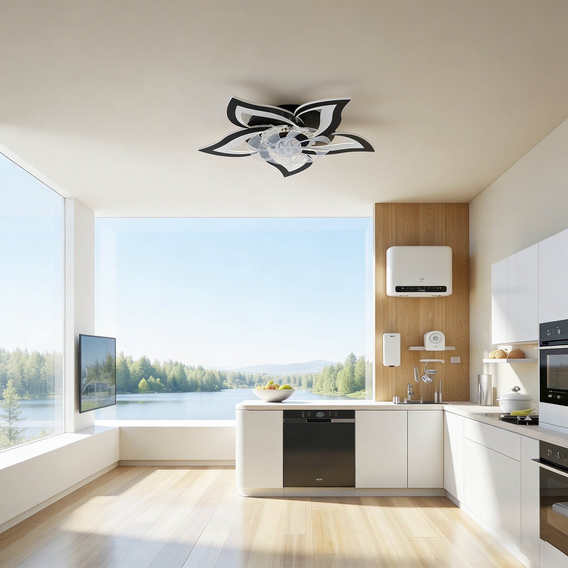 5 PCS Blades Ceiling Fan with Lights Remote Control, 24" Black, 6 Speeds 3 Light Color Low Profile Flush Mount Ceiling Fan for Kitchen Bedroom