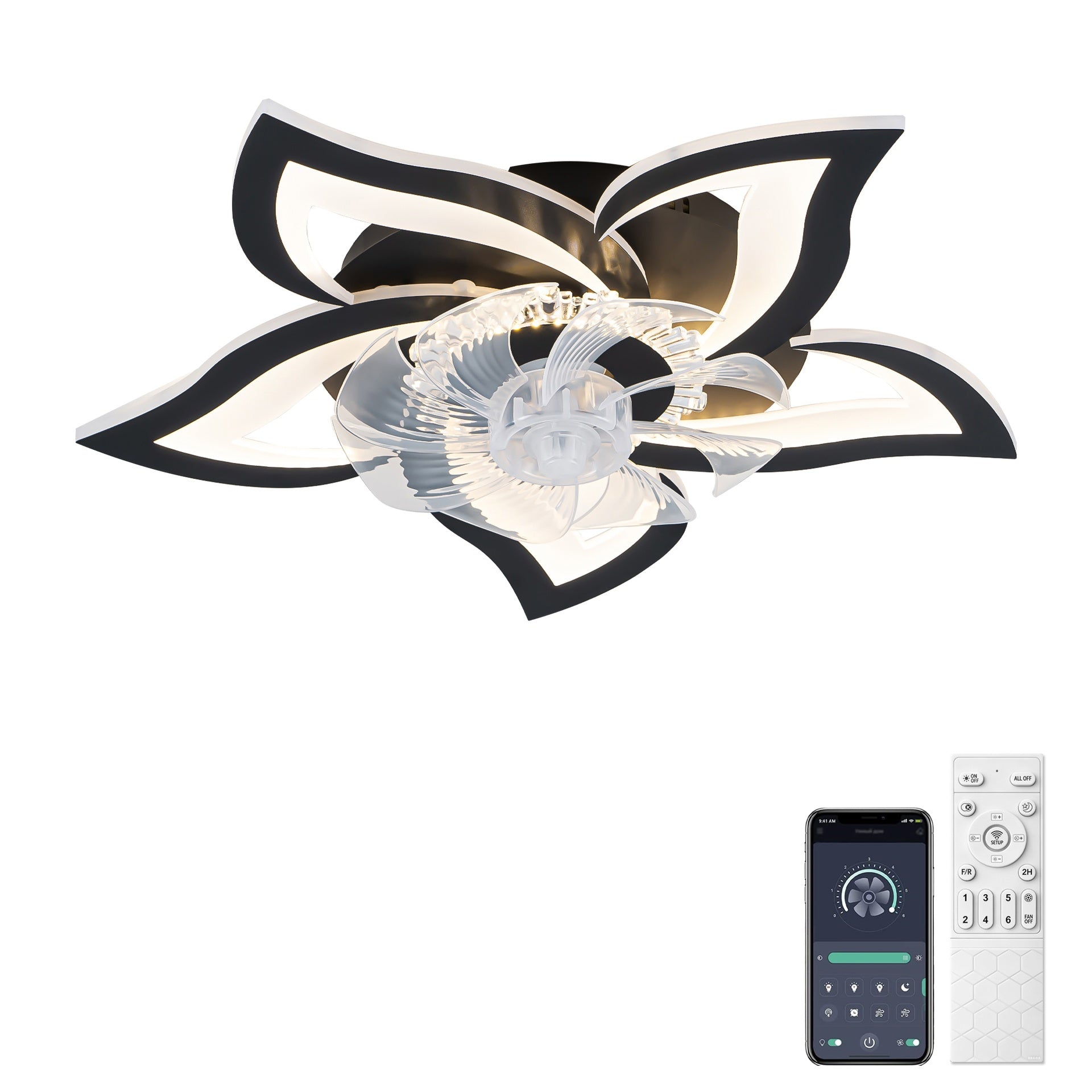 5 PCS Blades Ceiling Fan with Lights Remote Control, 24" Black, 6 Speeds 3 Light Color Low Profile Flush Mount Ceiling Fan for Kitchen Bedroom