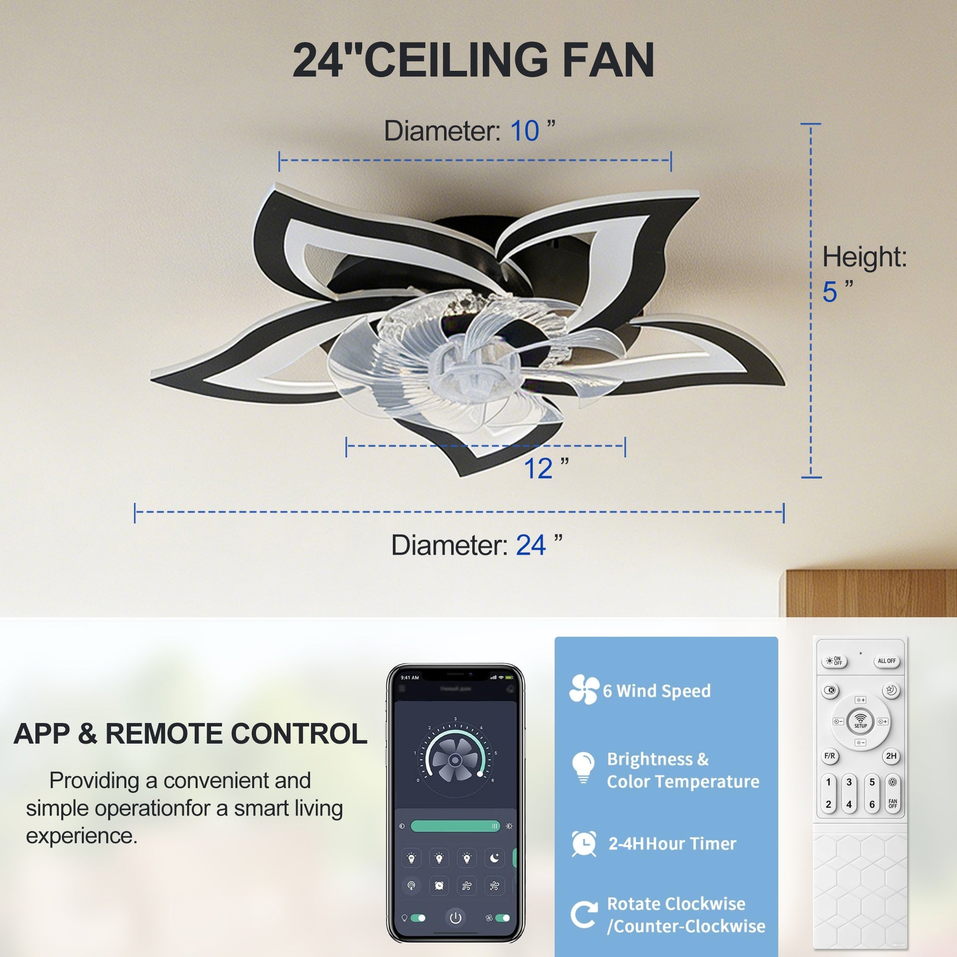 5 PCS Blades Ceiling Fan with Lights Remote Control, 24" Black, 6 Speeds 3 Light Color Low Profile Flush Mount Ceiling Fan for Kitchen Bedroom