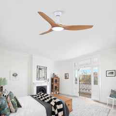 52 Inch  ABS Blades  Ceiling Fan With Light Kit ( LED Light Source),DC 6 Speed ,Remote Control,Adjustable Height Ceiling Fan for Patio Living Room, Bedroom,Office,Indoor.(( Matte White + Natural Wood)