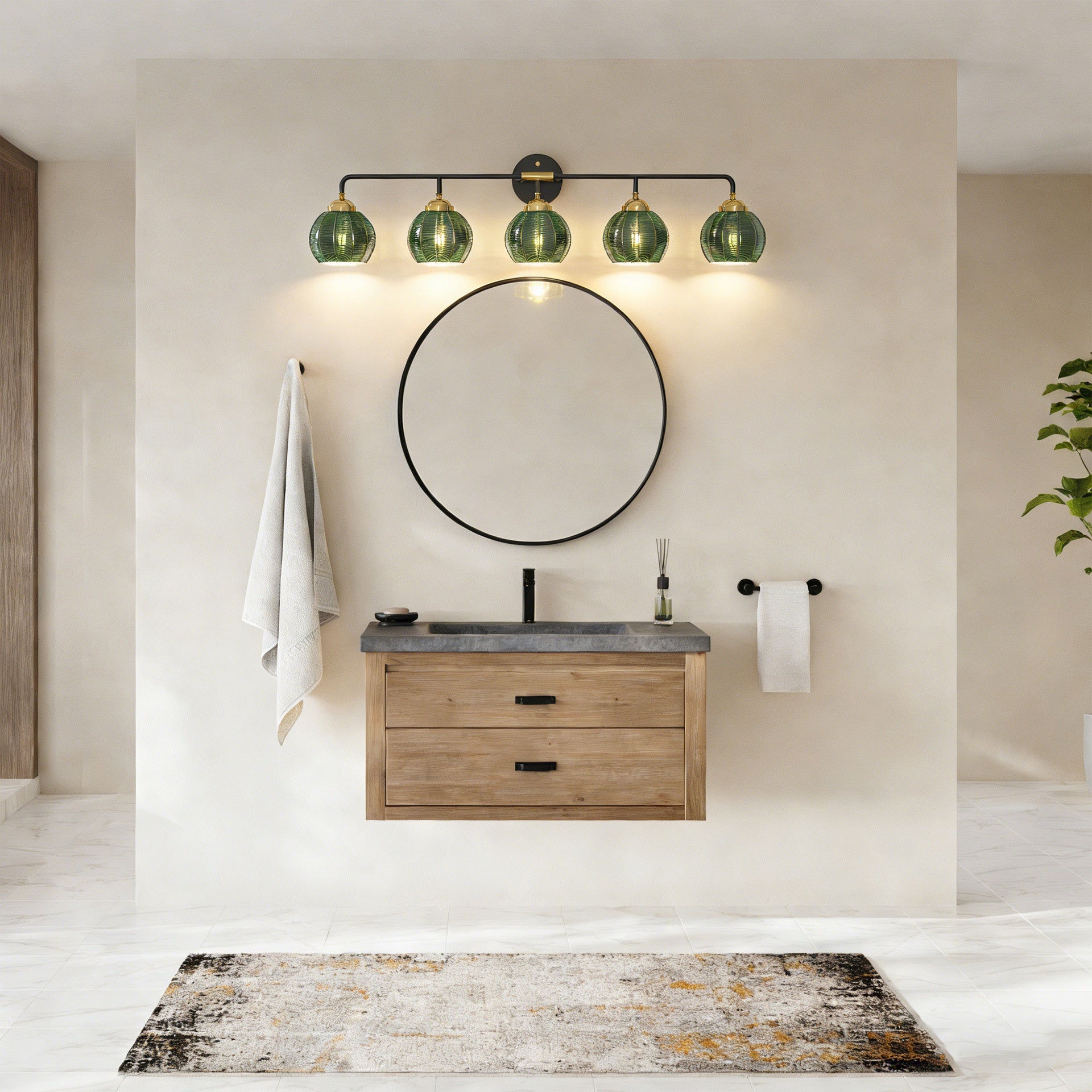 5-Light Bathroom Light Fixtures((Does Not Include Light Bulbs), Modern Vanity Lights with Glass Shade, Vintage Light Fixture Bathroom Over Mirror Wall Lights for Kitchen Dinning Room Bedro--Black+GOLD