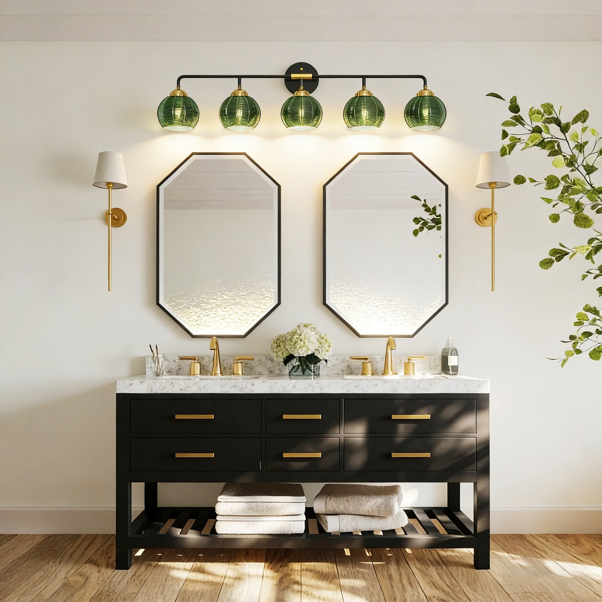 5-Light Bathroom Light Fixtures((Does Not Include Light Bulbs), Modern Vanity Lights with Glass Shade, Vintage Light Fixture Bathroom Over Mirror Wall Lights for Kitchen Dinning Room Bedro--Black+GOLD