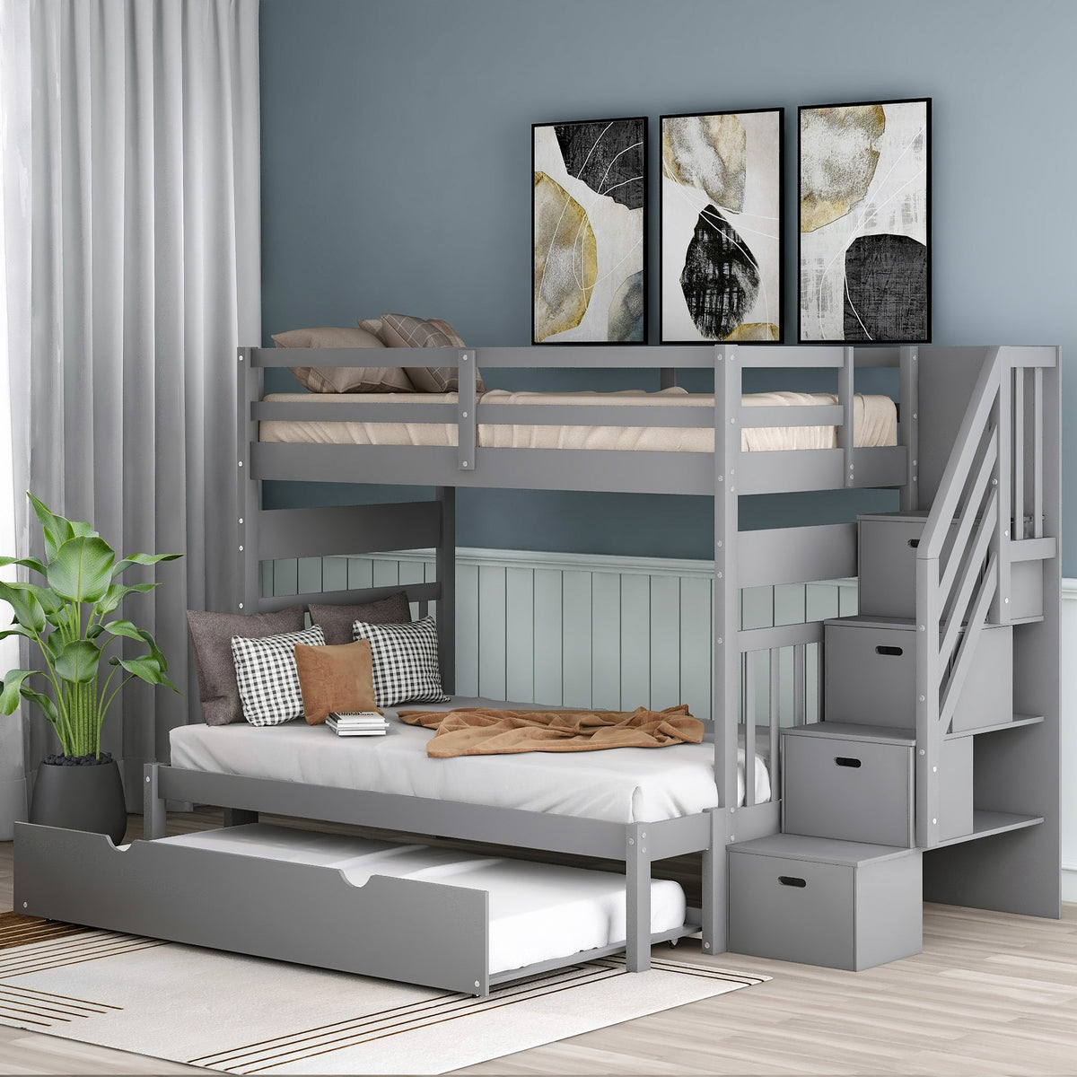 Twin over Full Bunk Bed with Twin Size Trundle (Gray)(OLD SKU :LT000025AAE-1)